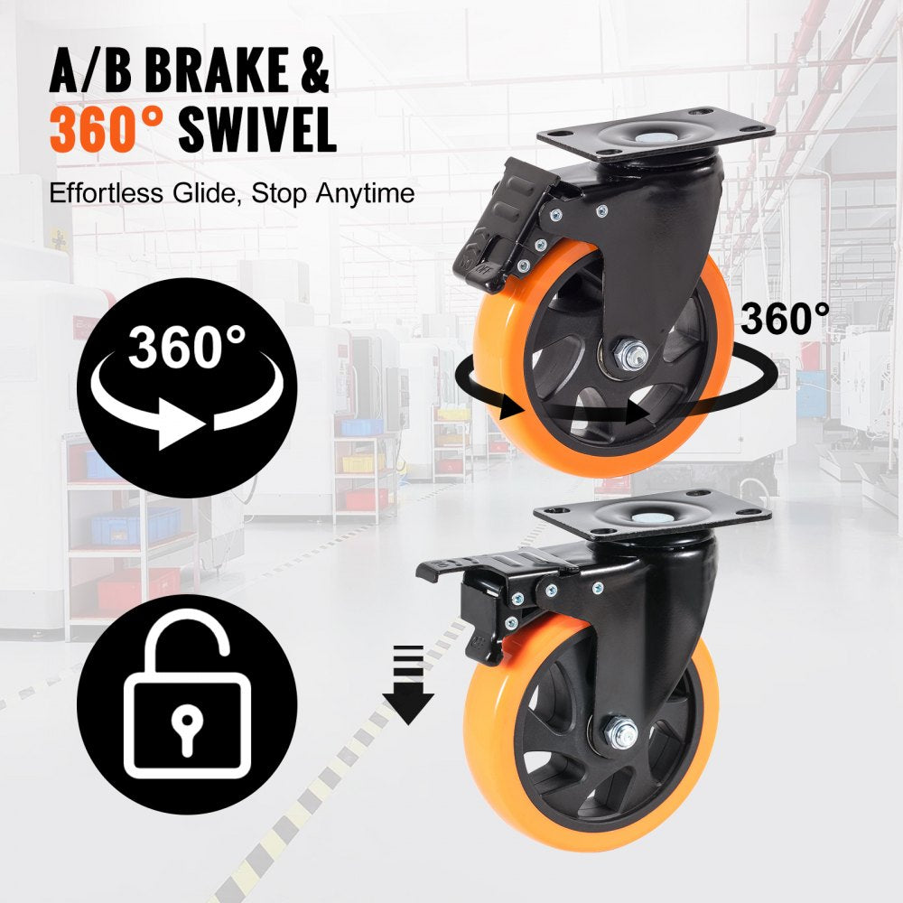 VEVOR Caster Wheels, 5-inch Swivel Plate Casters, Set of 4, with Security A/B Locking No Noise PVC Wheels, Heavy Duty