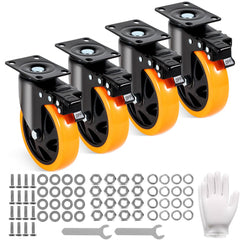 VEVOR Caster Wheels, 5-inch Swivel Plate Casters, Set of 4, with Security A/B Locking No Noise PVC Wheels, Heavy Duty