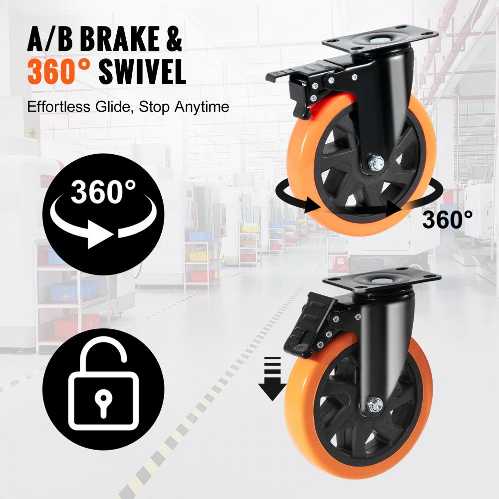 VEVOR Caster Wheels, 6-inch Swivel Plate Casters, Set of 4, with Security A/B Locking No Noise PVC Wheels, Heavy Duty