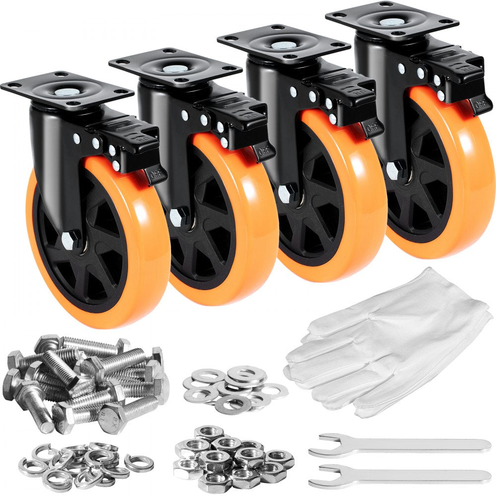 VEVOR Caster Wheels, 6-inch Swivel Plate Casters, Set of 4, with Security A/B Locking No Noise PVC Wheels, Heavy Duty