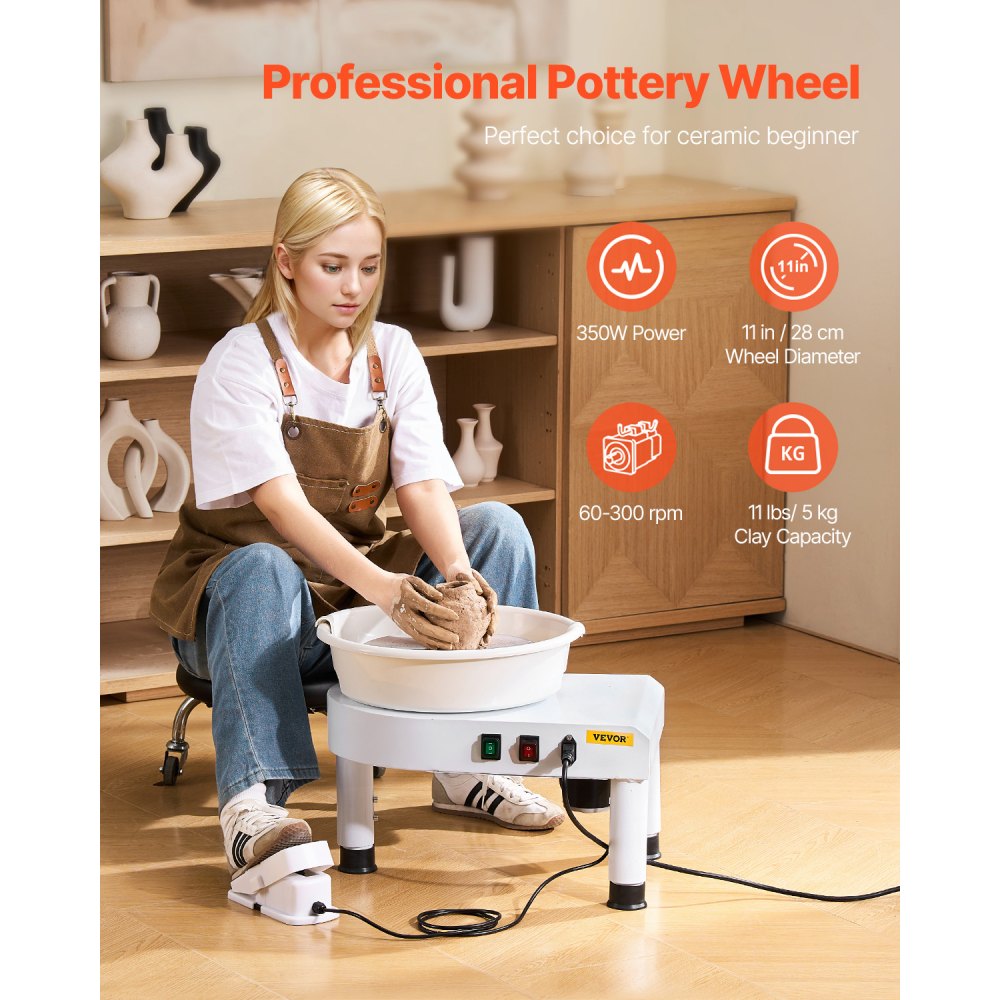 VEVOR Pottery Wheel, 11 in Ceramic Wheel Forming Machine, 60-300 RPM Adjustable Speed with Foot Pedal Control