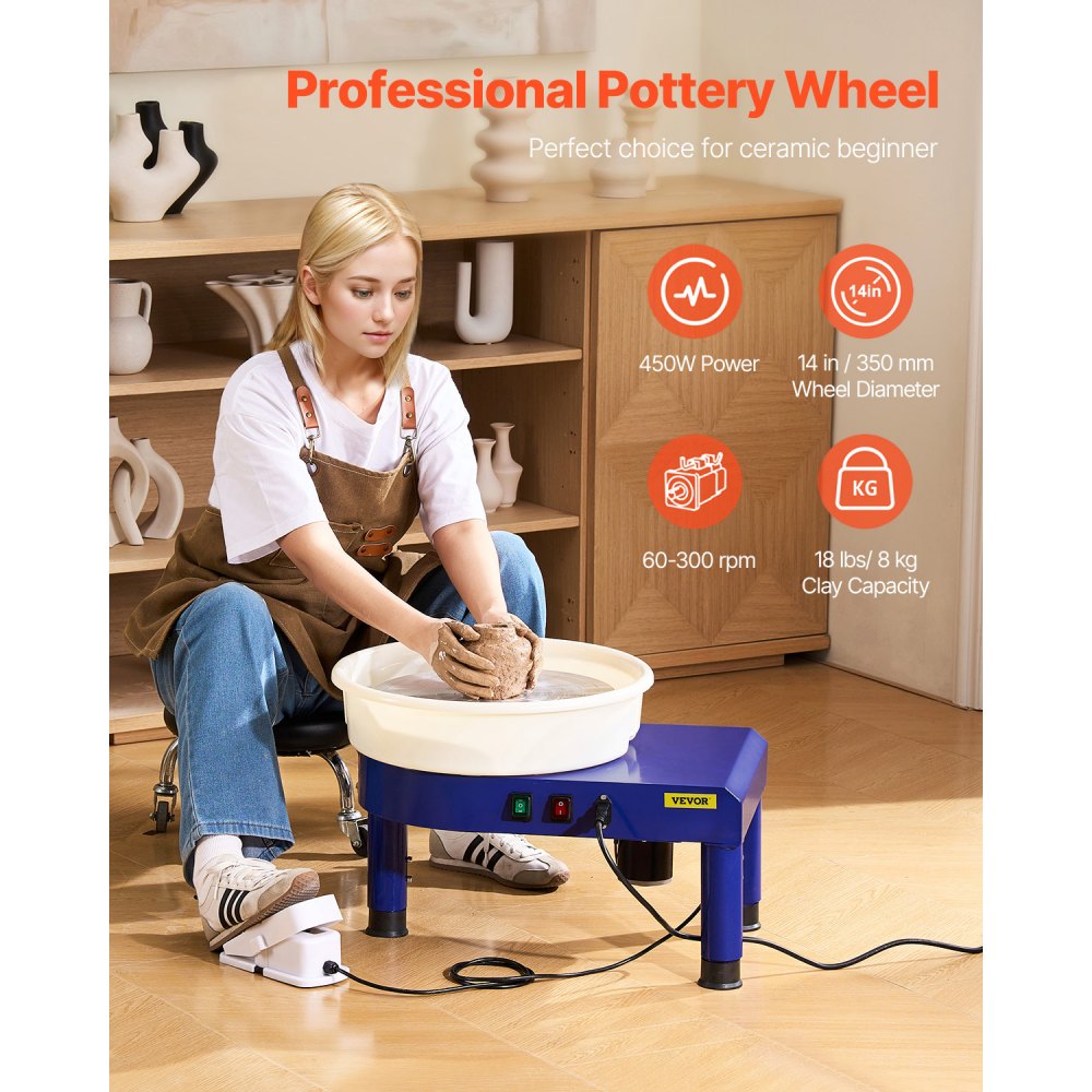 VEVOR Pottery Wheel, 14 in Ceramic Wheel Forming Machine, 60-300 RPM Adjustable Speed with Foot Pedal Control