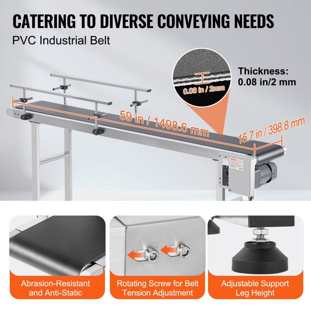 VEVOR Belt Conveyor, 59 x 15.7 inch Conveyor Table, Heavy Duty Stainless Steel Motorized Belt Conveyor for Inkjet