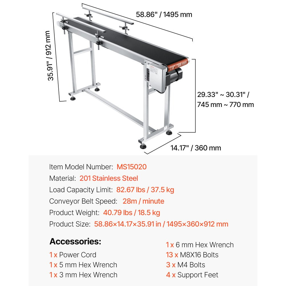VEVOR Belt Conveyor, 59 x 7.8 inch Conveyor Table, Heavy Duty Stainless Steel Motorized Belt Conveyor for Inkjet Coding
