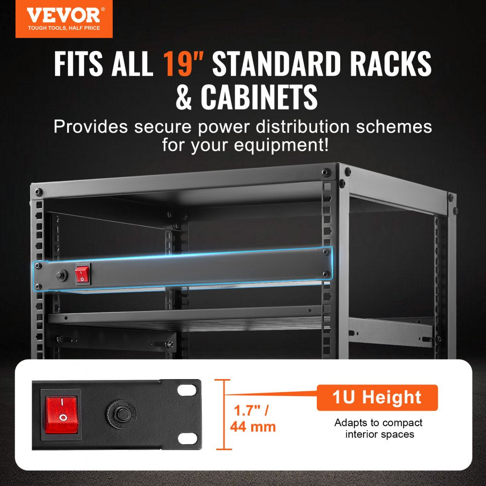 VEVOR 1U PDU, 8 Outlets, Rack Mount Power Strip Fits Standard 19" Server Racks, with Integrated Switch Surge Protection