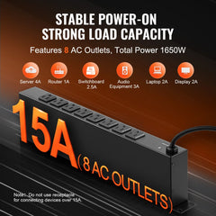 VEVOR 1U PDU, 8 Outlets, Rack Mount Power Strip Fits Standard 19" Server Racks, with Integrated Switch Surge Protection
