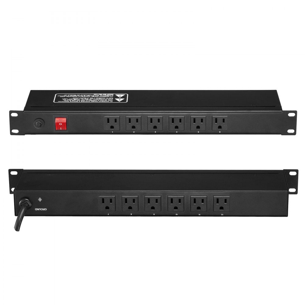 VEVOR 1U PDU, 12 Outlets, Rack Mount Power Strip Fits Standard 19" Server Racks, with Integrated Switch Surge