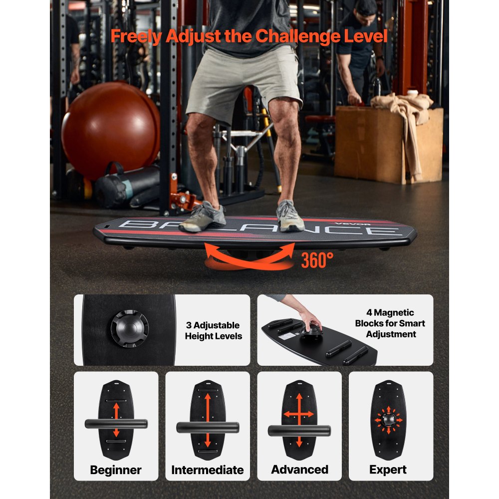 VEVOR Balance Board, 3-Level Height Adjustable Wobble Board Trainer for Adults, Premium Wooden Balance Training