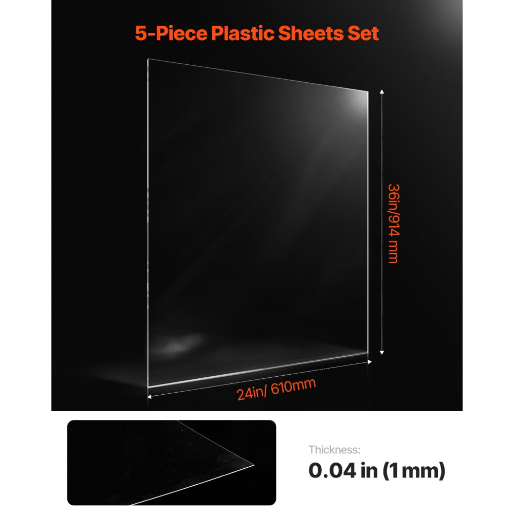 VEVOR PET/Plexiglass Sheets, 5-Pack Plastic Sheet, 24 x 36 Inch 0.04 Inch Thick Transparent Clear Flexible Plastic