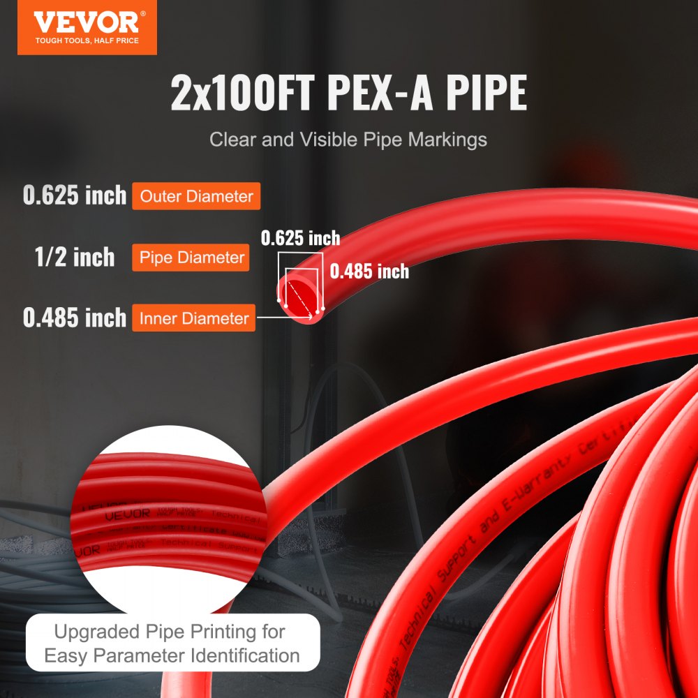 VEVOR PEX Pipe 1/2 Inch, 2 x 100 Feet Length PEX-A Flexible Pipe Tubing for Potable Water, Pex Water Lines for Hot/Cold