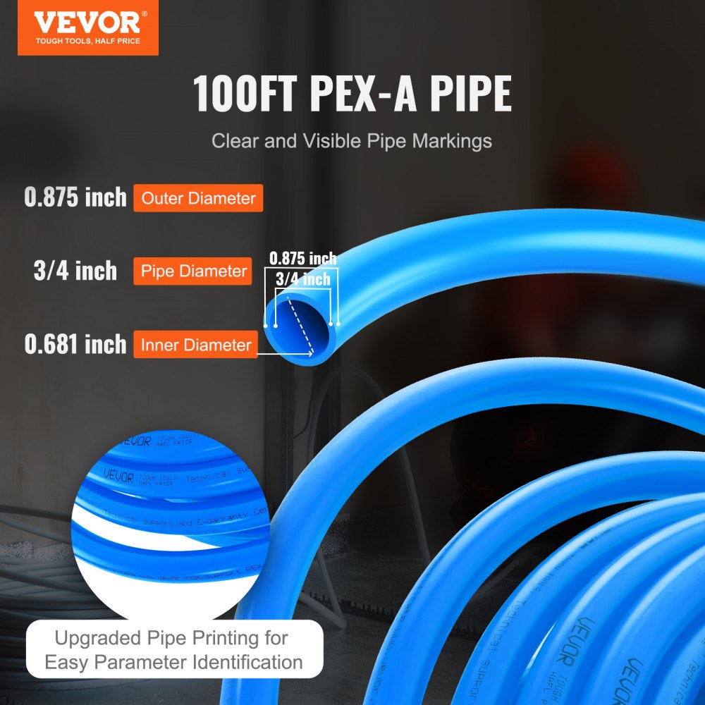 VEVOR PEX Pipe 3/4 Inch, 100 Feet Length PEX-A Flexible Pipe Tubing for Potable Water, Pex Water Lines for Hot/Cold
