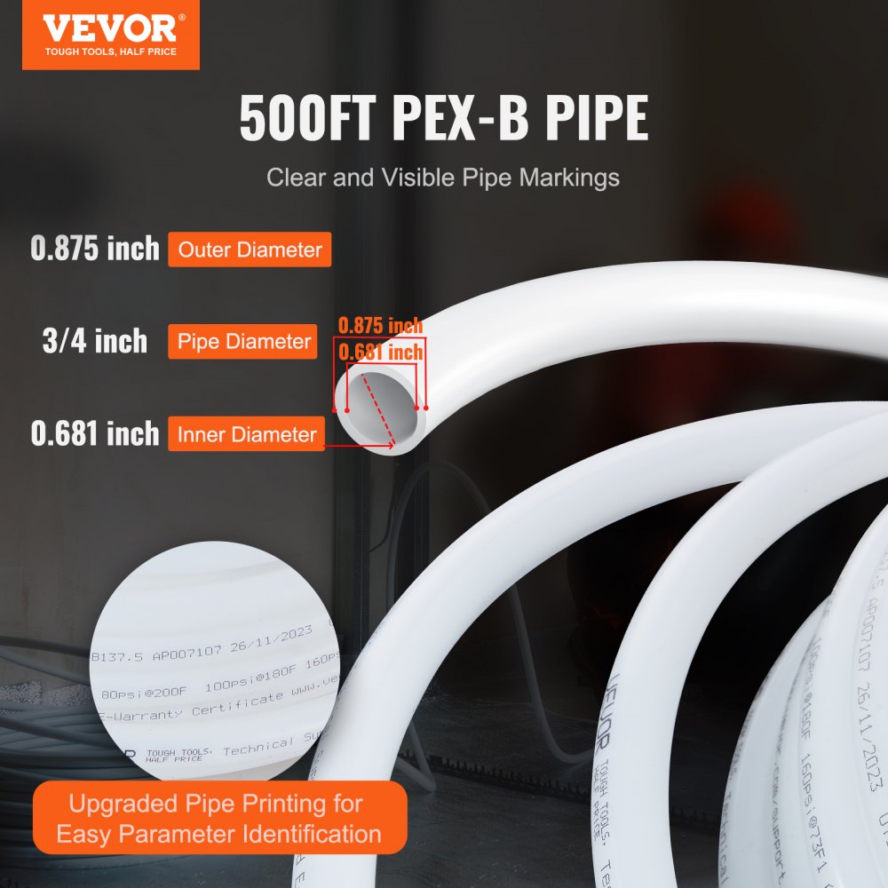 VEVOR PEX Pipe 3/4 Inch, 500 Feet Length PEX-B Flexible Pipe Tubing for Potable Water, Pex Water Lines for Hot/Cold