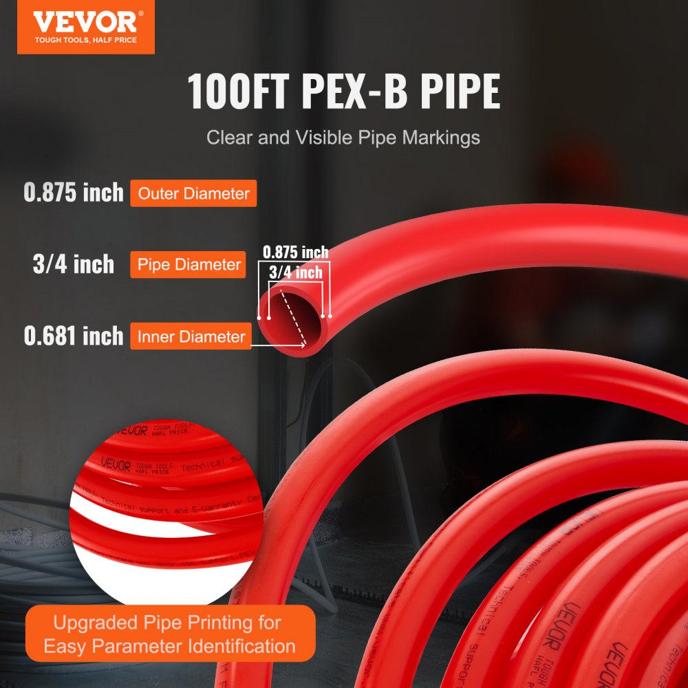 VEVOR PEX Pipe 3/4 Inch, 100 Feet Length PEX-B Flexible Pipe Tubing for Potable Water, Pex Water Lines for Hot/Cold