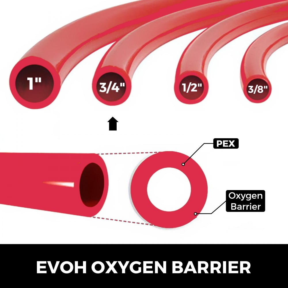 VEVOR 3/4" X 500Ft PEX Tubing Oxygen Barrier O2 EVOH Pex-B Red Hydronic Radiant Floor Heat Heating System Pex Pipe Pex