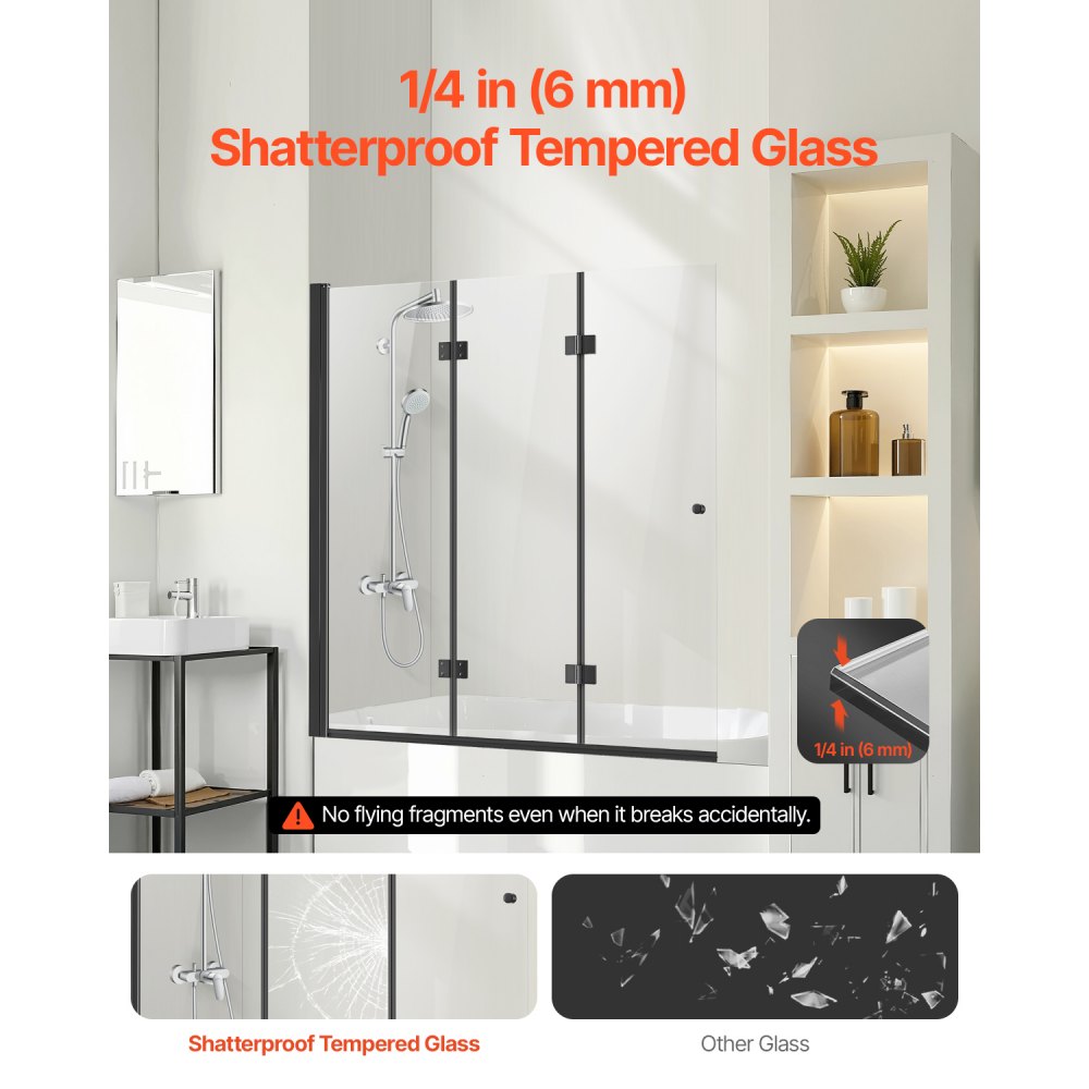 VEVOR Bathtub Shower Door, 51 in. W x 56 in. H, Frameless Foldable Hinged Shower Door, Tri-Fold Shower Glass Door with
