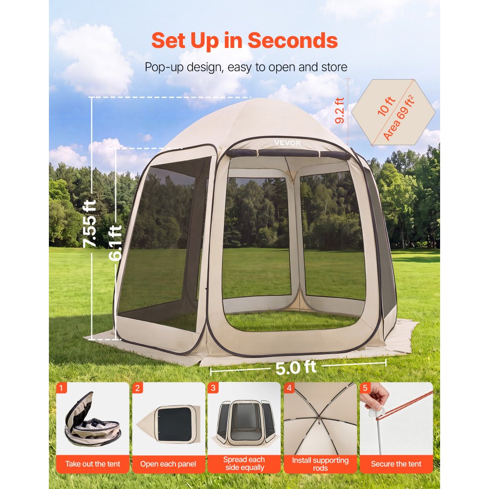 VEVOR Screen House Tent, 10 x 9.2 ft, 4-8 Person Pop Up Screen Tent, Portable Screened in Canopy with Carry Bag