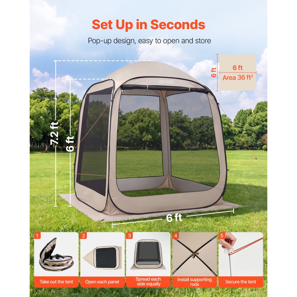 VEVOR Screen House Tent, 6 x 6 ft, 4-6 Person Pop Up Screen Tent, Portable Screened in Canopy with Carry Bag, Netting