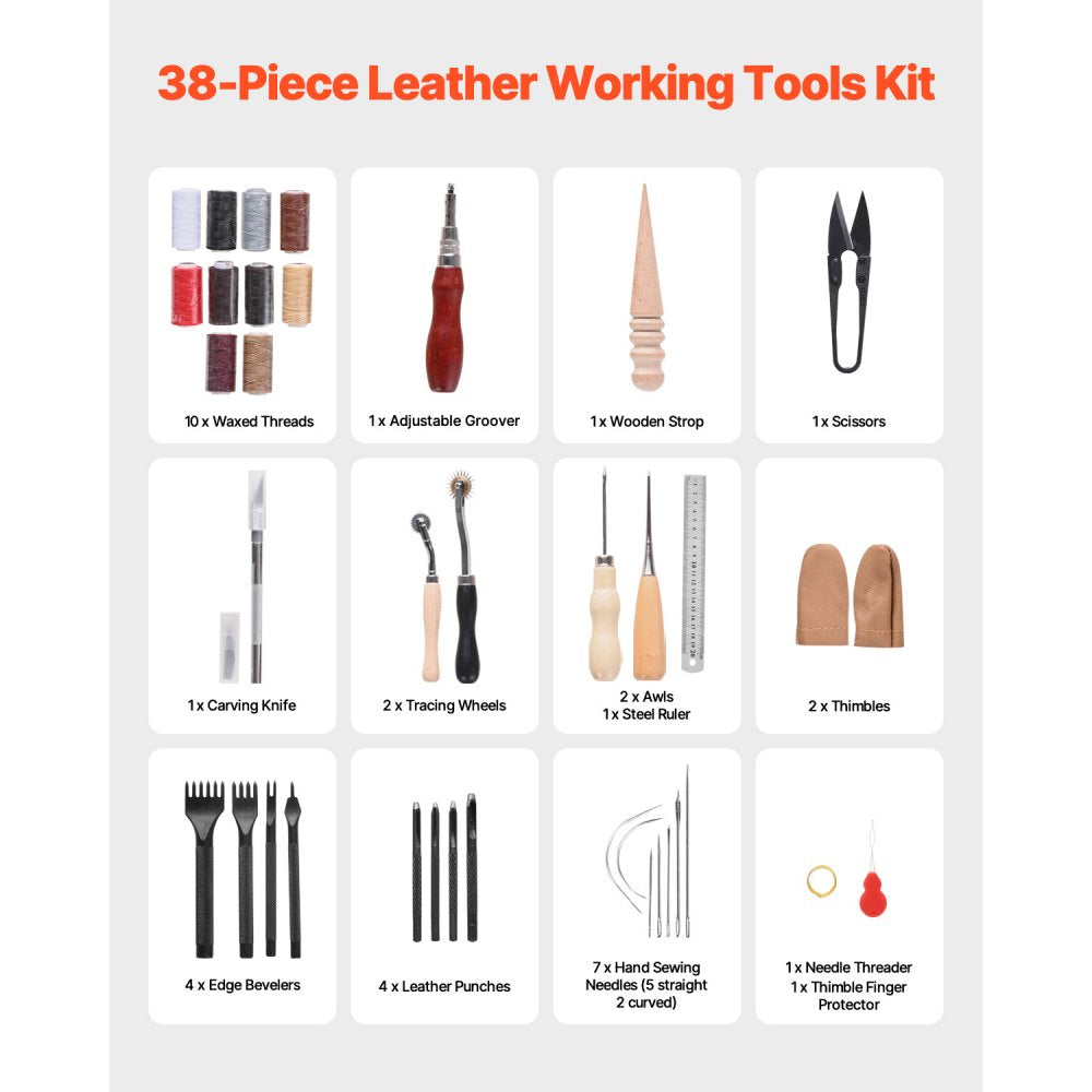 VEVOR Leather Working Tools Kit, 38 PCS Leather Craft Tools with Portable Canvas Storage Bag, Engraving Punching Sewing