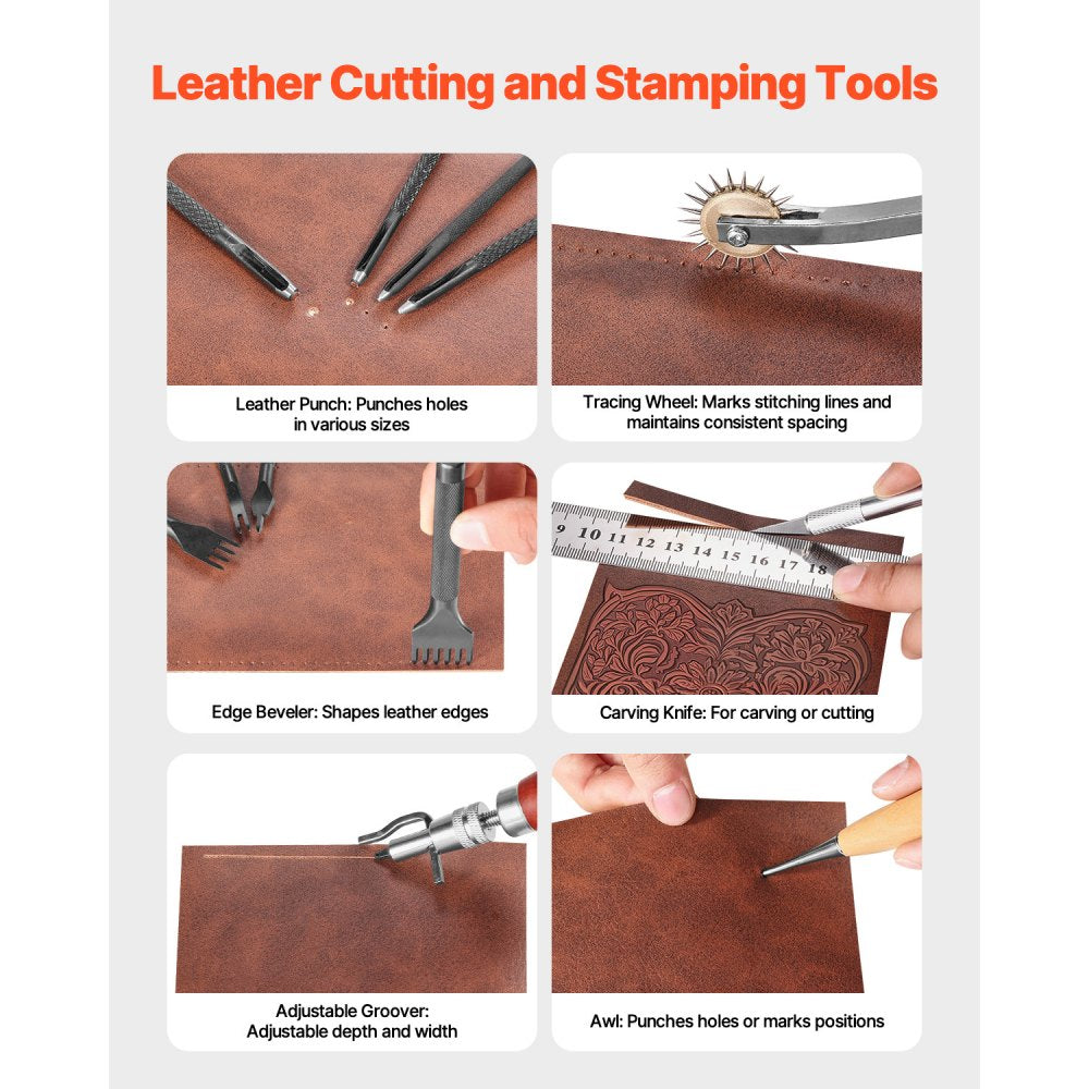 VEVOR Leather Working Tools Kit, 38 PCS Leather Craft Tools with Portable Canvas Storage Bag, Engraving Punching Sewing