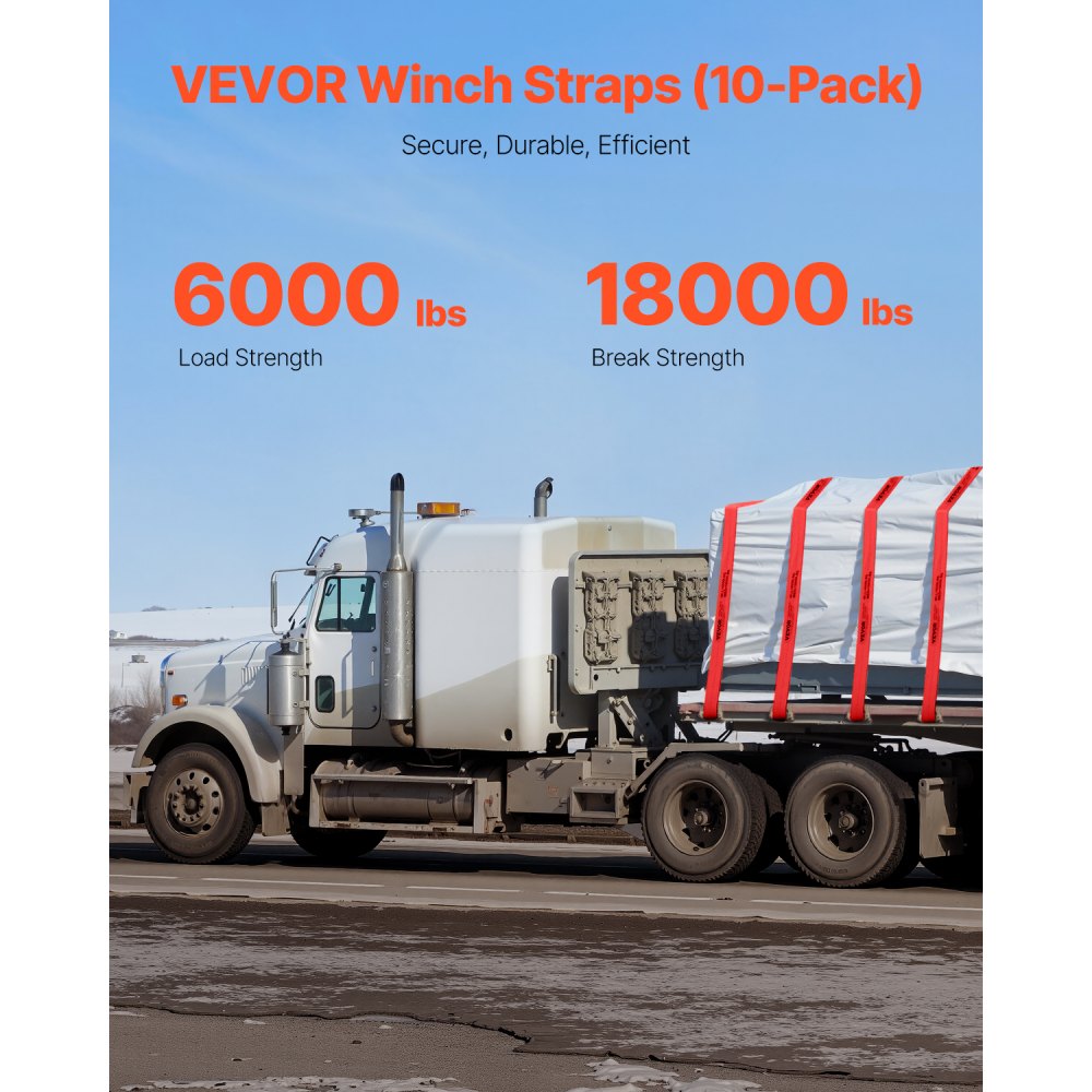 VEVOR Winch Straps, 4" x 30', 6000 lbs Load Capacity, 18000 lbs Breaking Strength, Truck Straps with Flat Hook, Flatbed