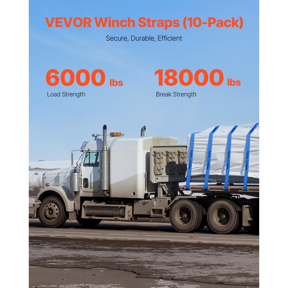 VEVOR Winch Straps, 4" x 30', 6000 lbs Load Capacity, 18000 lbs Breaking Strength, Truck Straps with Flat Hook, Flatbed