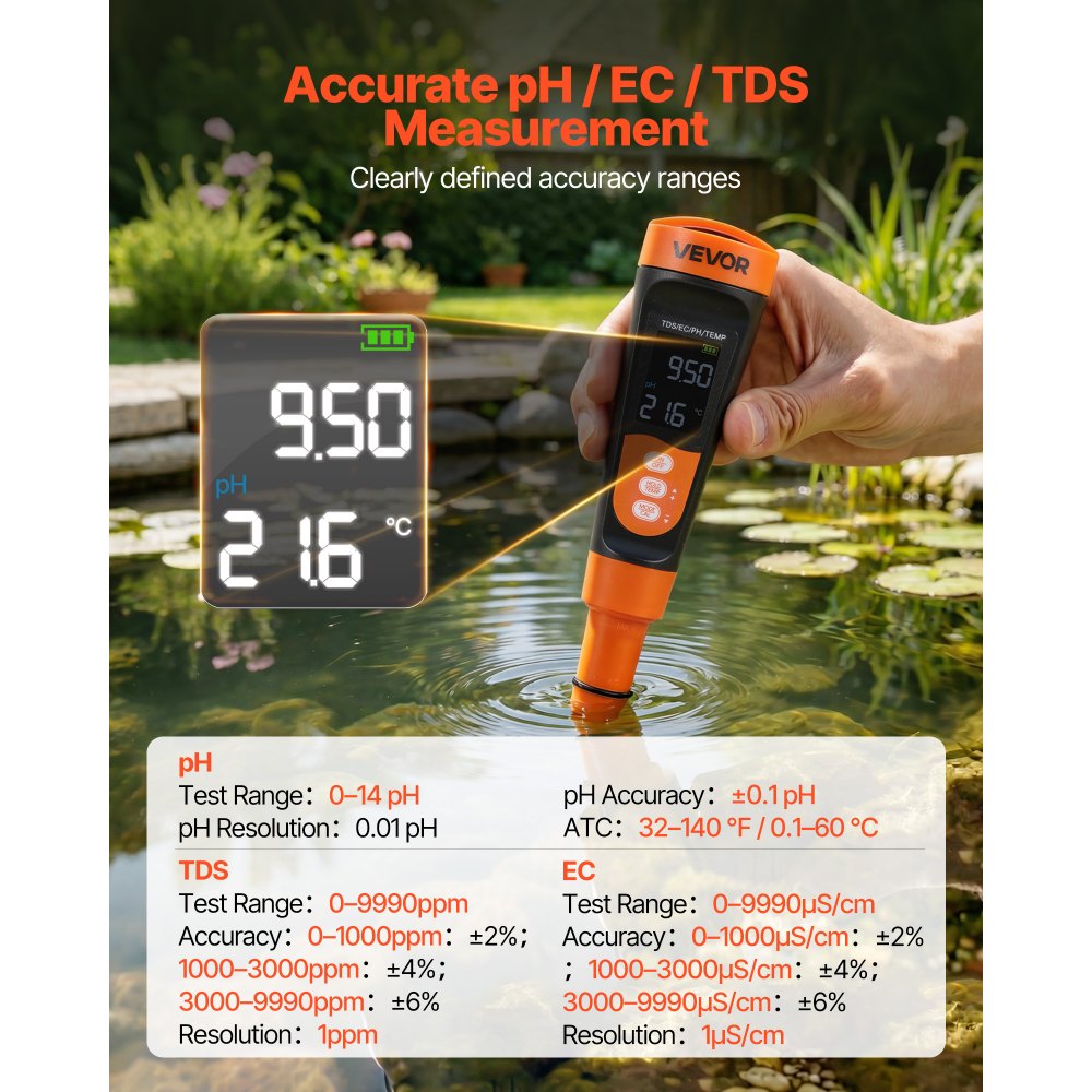 VEVOR pH Meter, Accurate pH/EC (Conductivity)/TDS (ppm) Multi-Parameter Measurement, IP68 Waterproof Probe, Pocket