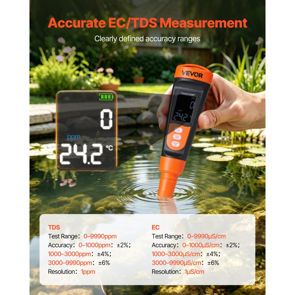VEVOR TDS Meter, 0-9990 ppm Measuring Range, EC (Conductivity) /TDS (ppm) Multi-Parameter Measurement, Digital Water