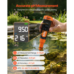 VEVOR pH Meter, 0-14 pH Range, IP68 Waterproof Probe, Pocket Tester Kit with Calibration Powder Packets, VA Display