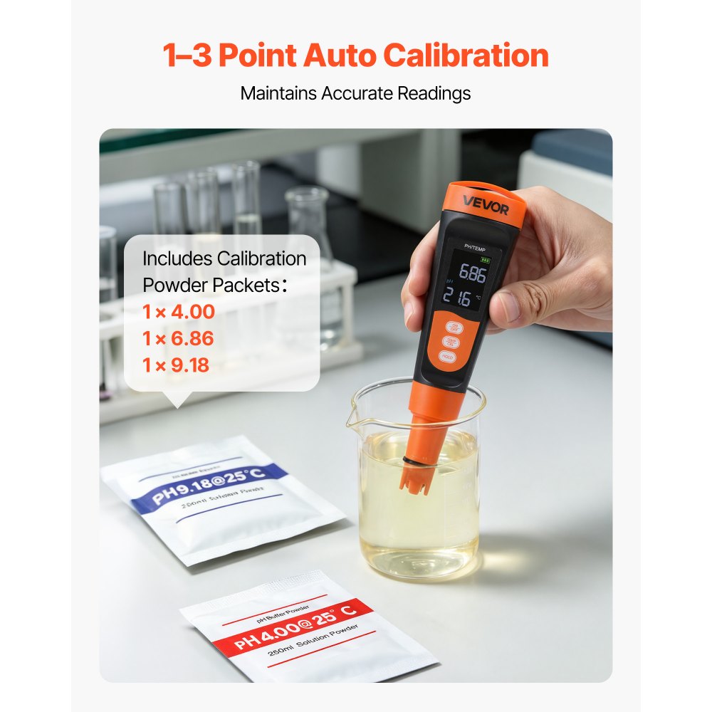 VEVOR pH Meter, 0-14 pH Range, IP68 Waterproof Probe, Pocket Tester Kit with Calibration Powder Packets, VA Display