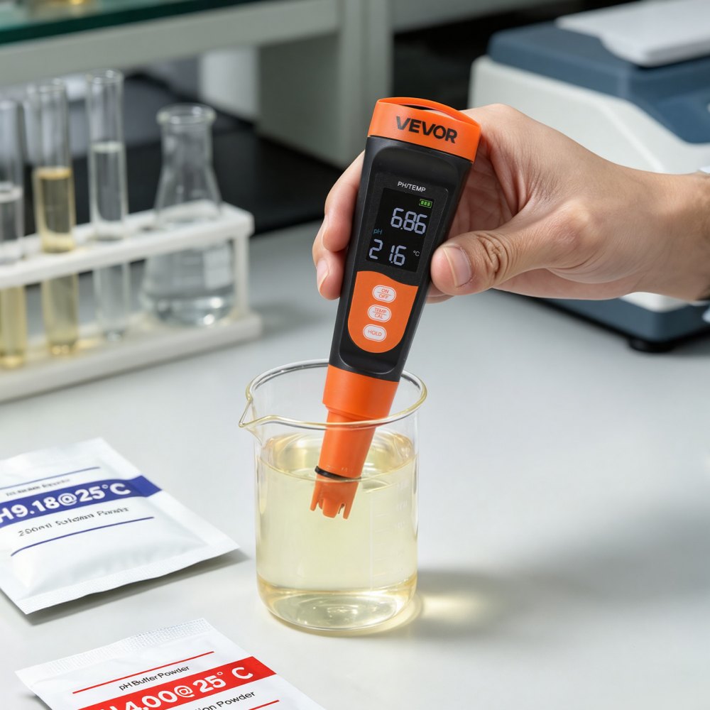 VEVOR pH Meter, 0-14 pH Range, IP68 Waterproof Probe, Pocket Tester Kit with Calibration Powder Packets, VA Display