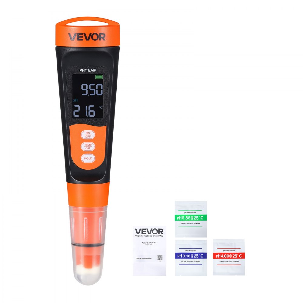 VEVOR pH Meter, 0-14 pH Range, IP68 Waterproof Probe, Pocket Tester Kit with Calibration Powder Packets, VA Display
