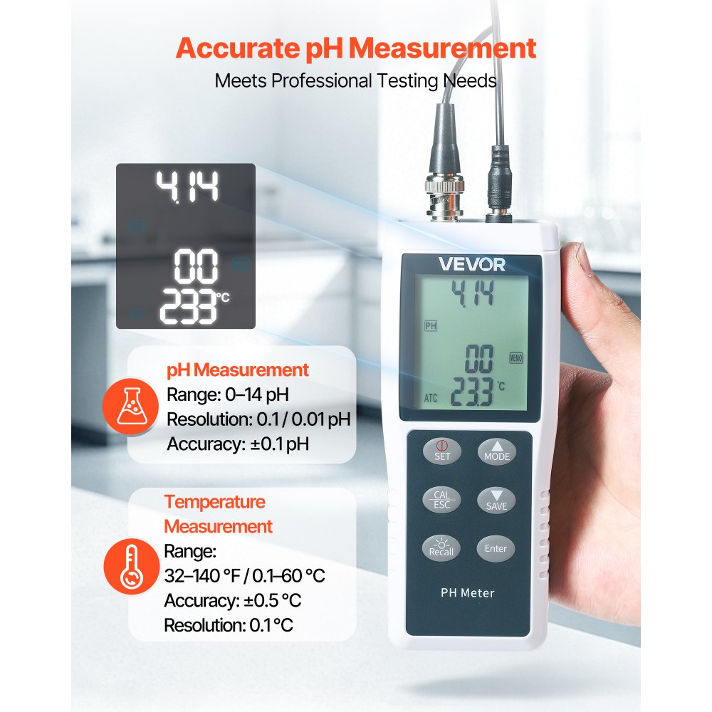 VEVOR pH Meter, 0-14 pH Range, IP68 Waterproof Probe, 3-Point Auto Calibration, Portable Tester Kit with Calibration
