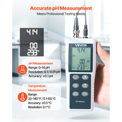 VEVOR pH Meter, 0-14 pH Range, IP68 Waterproof Probe, 3-Point Auto Calibration, Portable Tester Kit with Calibration