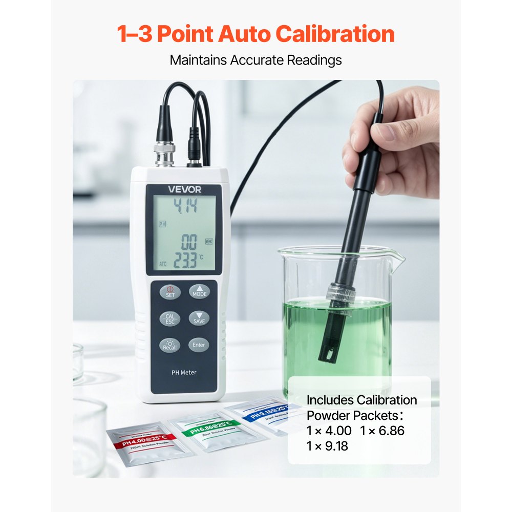 VEVOR pH Meter, 0-14 pH Range, IP68 Waterproof Probe, 3-Point Auto Calibration, Portable Tester Kit with Calibration