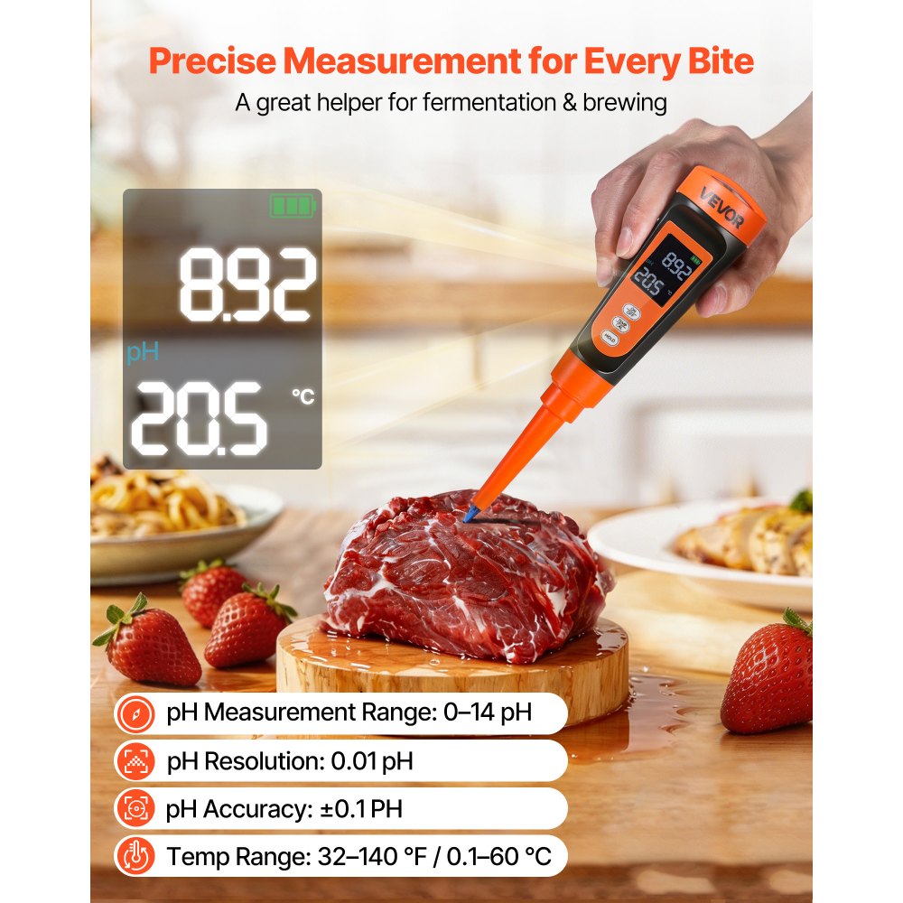 VEVOR Food pH Meter, 0-14 pH Range, IP68 Waterproof Probe, Pocket Tester Kit with Automatic Temperature Compensation