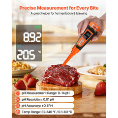 VEVOR Food pH Meter, 0-14 pH Range, IP68 Waterproof Probe, Pocket Tester Kit with Automatic Temperature Compensation