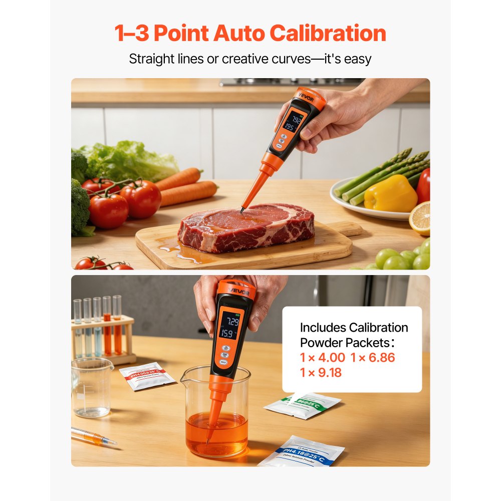 VEVOR Food pH Meter, 0-14 pH Range, IP68 Waterproof Probe, Pocket Tester Kit with Automatic Temperature Compensation