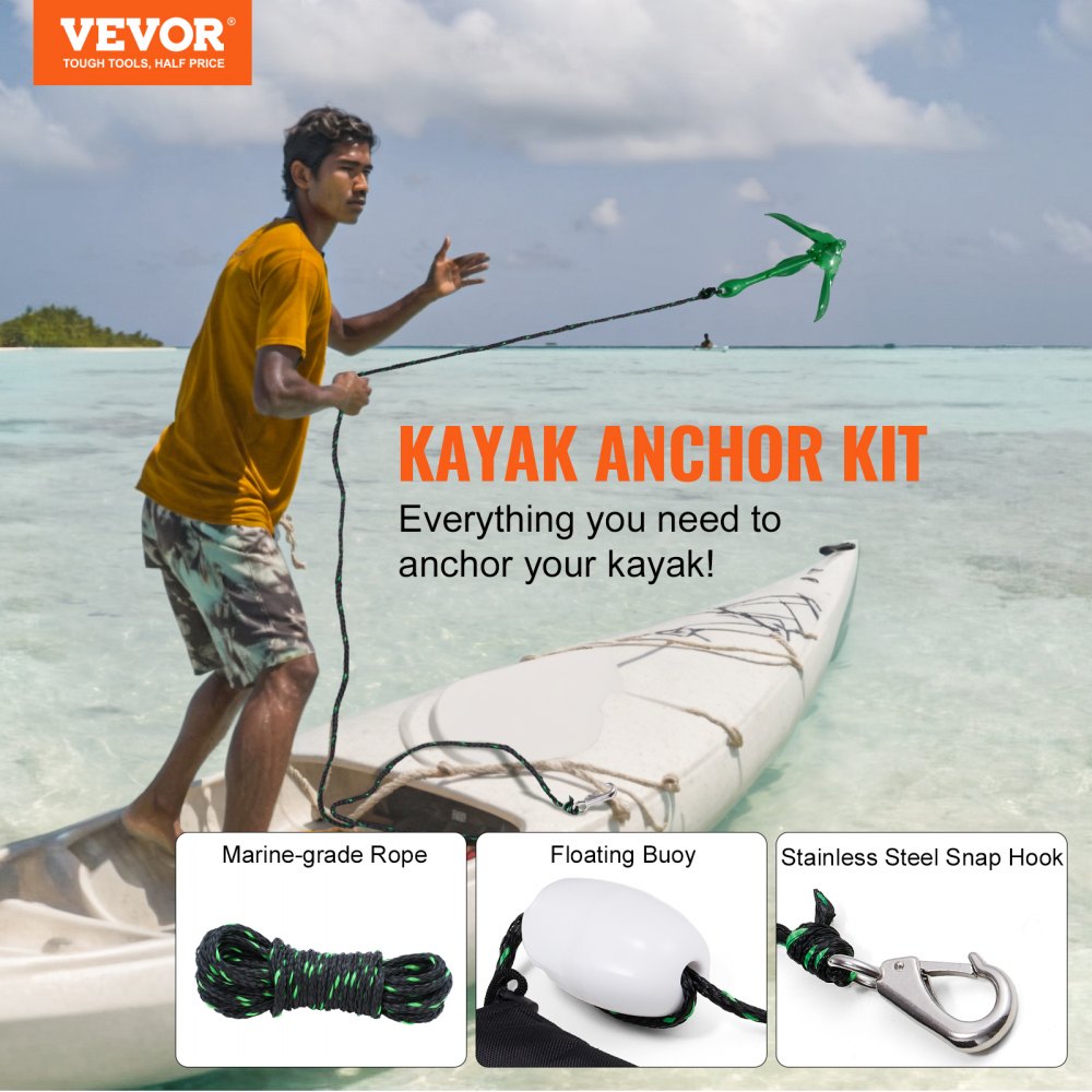 VEVOR Kayak Anchor Kit, 3.5 lb Paddle Board Anchor Kit with 26.2 ft/8 m Rope and Buoy, Folding Small Boat Anchor with