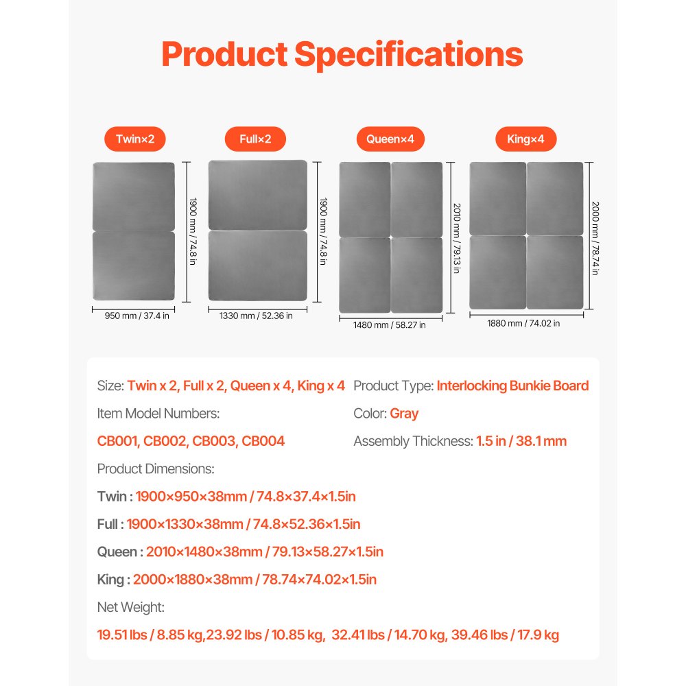 VEVOR King Size Bunkie Board, 1.5 in Bed Board Slats with 200D Oxford Cloth, Wooden Mattress Support for King Size Bed