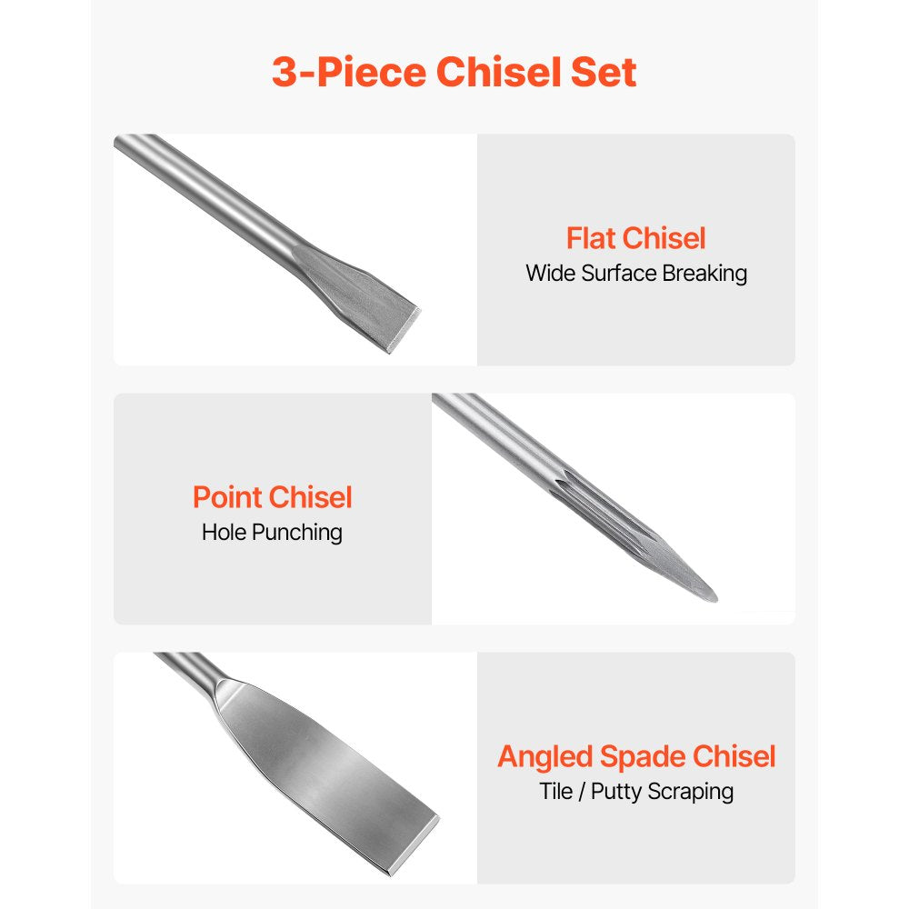 VEVOR SDS Plus Chisel Set, 3 pcs SDS Plus Rotary Hammer Drill Attachments, Includes Point, Flat, & Angled Spade