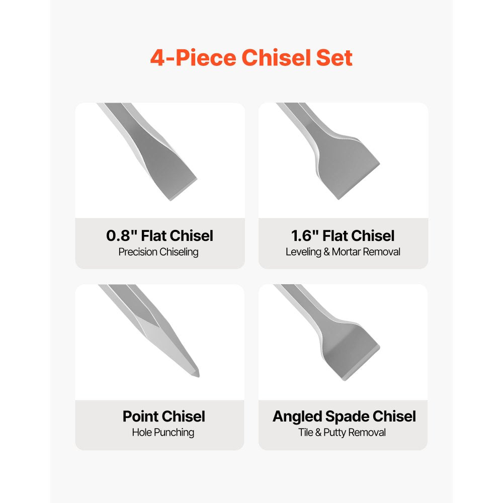 VEVOR SDS Plus Chisel Set, 4 pcs SDS Plus Rotary Hammer Drill Attachments, Includes Point, Flat, & Angled Spade