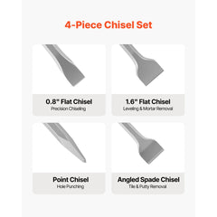 VEVOR SDS Plus Chisel Set, 4 pcs SDS Plus Rotary Hammer Drill Attachments, Includes Point, Flat, & Angled Spade