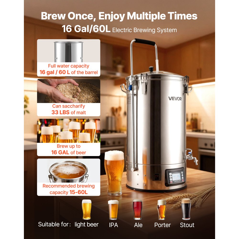 VEVOR Beer Brewing Equipment, 16 Gal/60L Beer Maker with Anti-Burn Pump and Wort Chiller,3000W All-in-One Home Brewing