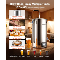 VEVOR Beer Brewing Equipment, 16 Gal/60L Beer Maker with Anti-Burn Pump and Wort Chiller,3000W All-in-One Home Brewing