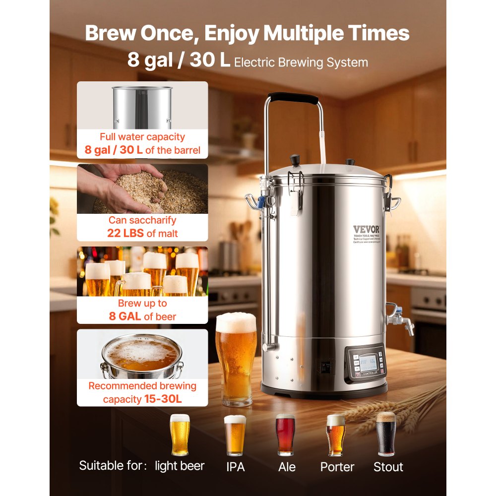 VEVOR Electric Brewing System, 8 Gal/30 L Brewing Capacity, All-in-One Home Beer Brewer with Pump, Mash Boil Device