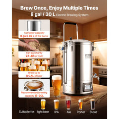 VEVOR Electric Brewing System, 8 Gal/30 L Brewing Capacity, All-in-One Home Beer Brewer with Pump, Mash Boil Device