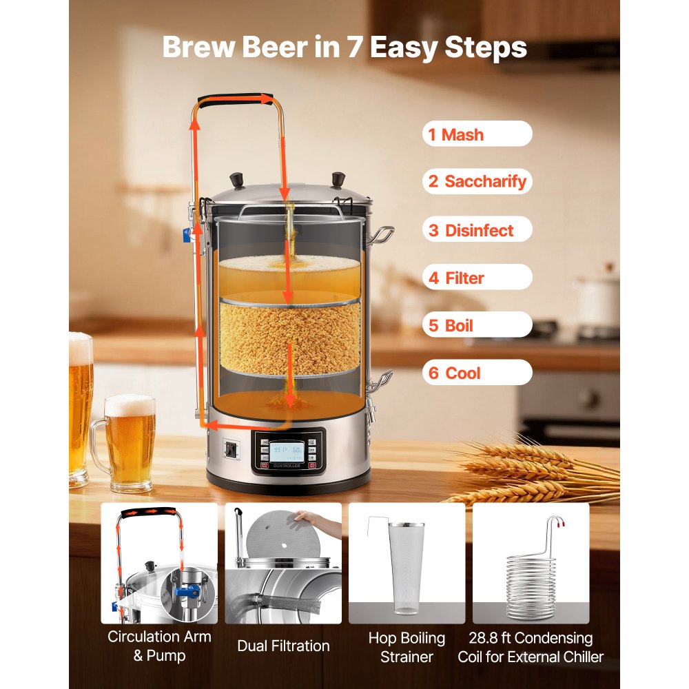VEVOR Electric Brewing System, 8 Gal/30 L Brewing Capacity, All-in-One Home Beer Brewer with Pump, Mash Boil Device