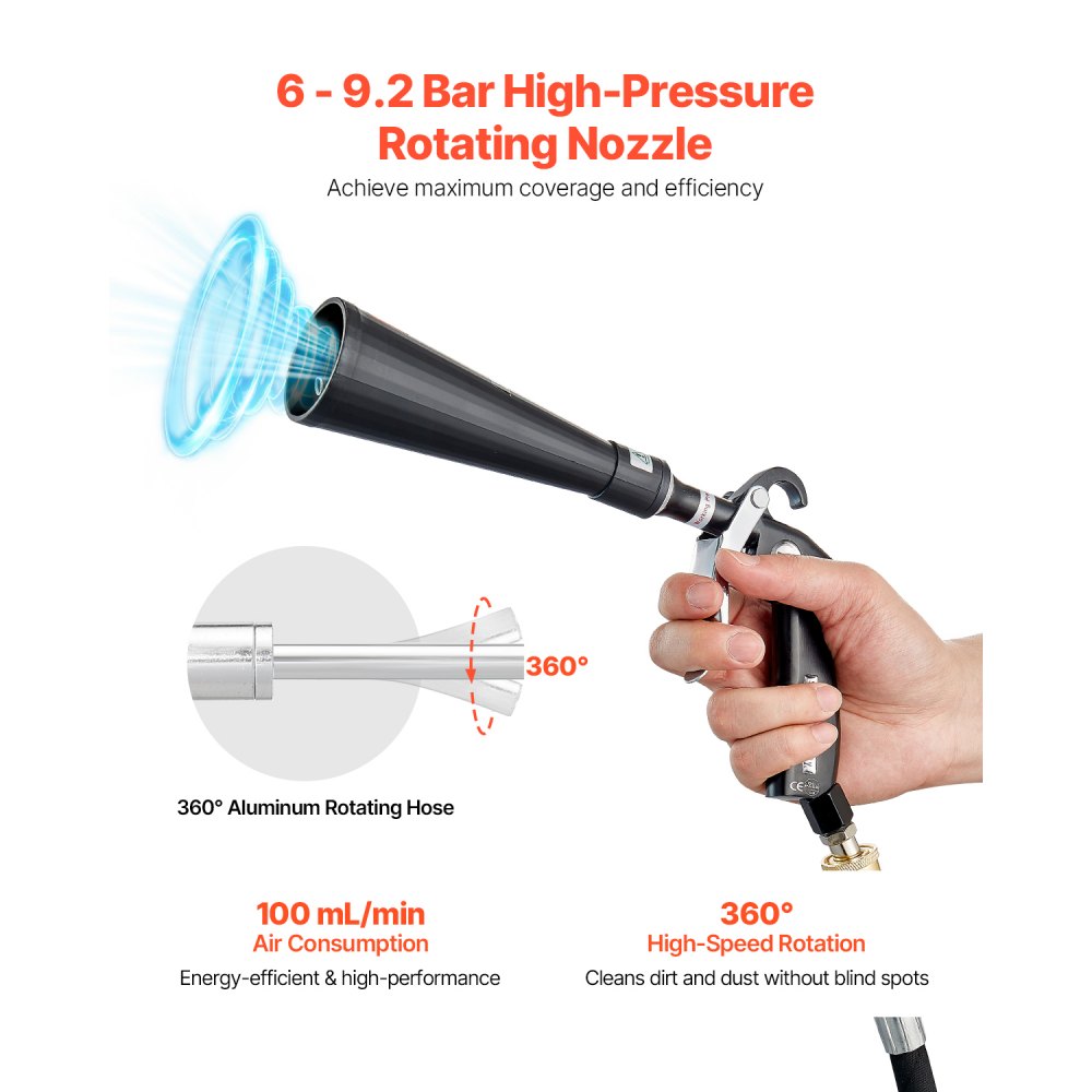 VEVOR Car Cleaning Gun, 6-9.2 Bar High-Pressure Air Blow Gun with 2 Set Nozzles, 360° Rotating Nozzle for Complete