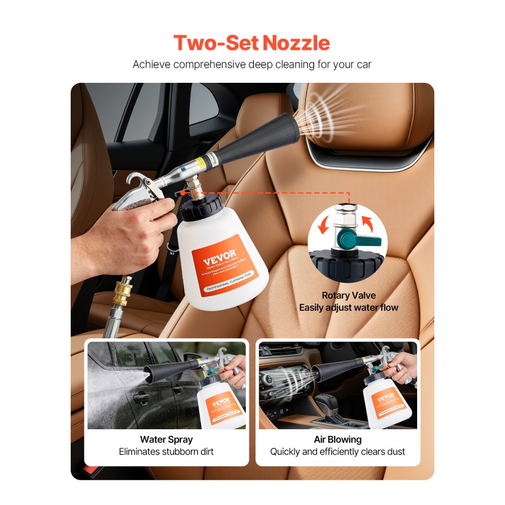 VEVOR Car Cleaning Gun, 6-9.2 Bar High-Pressure Air Blow Gun with 2 Set Nozzles & 1L Liquid Bottle, Vortex Cleaning