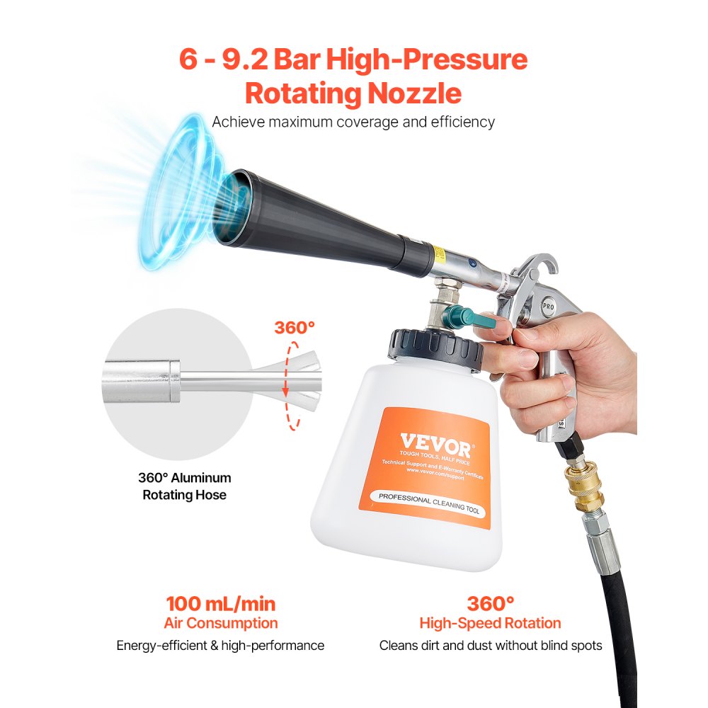 VEVOR Car Cleaning Gun, 6-9.2 Bar High-Pressure Air Blow Gun with 2 Set Nozzles & 1L Liquid Bottle, Vortex Cleaning